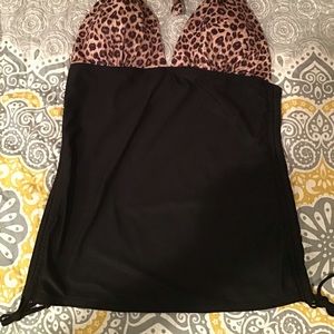 Black and Leopard Print Halter One Piece Bathing Suit XL